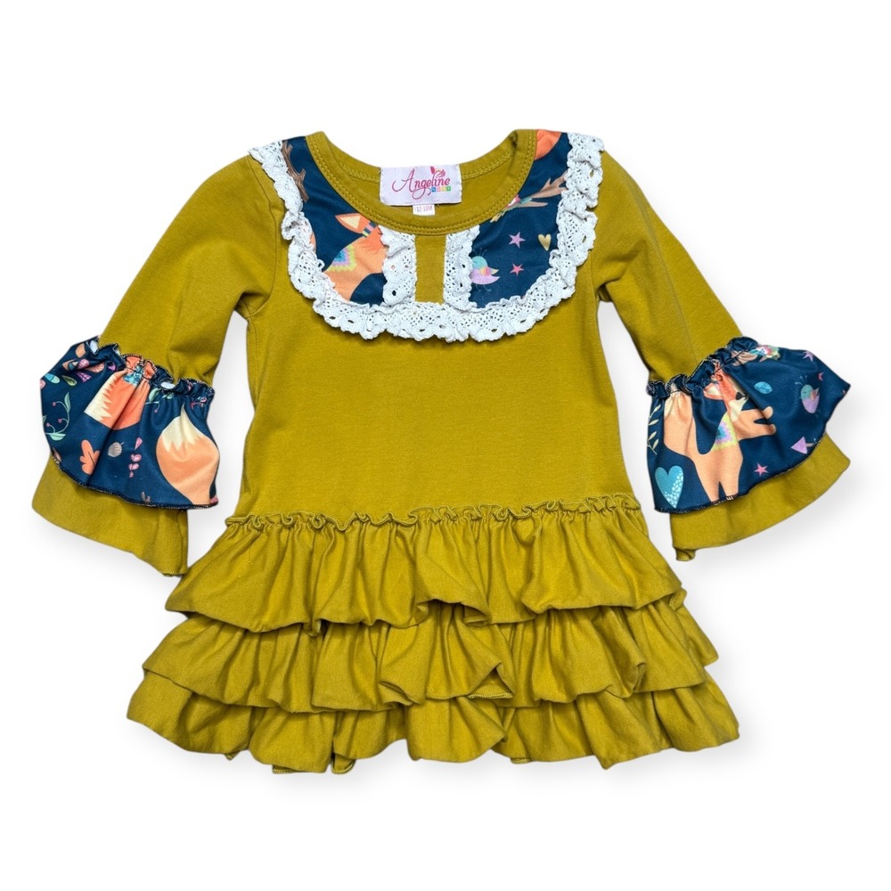 Angeline Girls Dress 12-18M Gold Ruffle Bell Sleeve